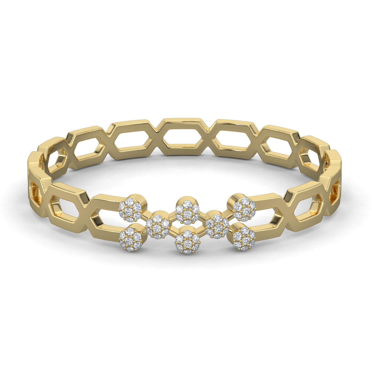 Yellow Gold, Diamond Bracelet, Natural diamond bracelet, Lab-grown diamond bracelet, Sparkling Diamond Bracelet, Round Diamond Dots Bracelet, Jali Pattern Bracelet, Elegant Diamond Jewelry, Traditional Kada Bracelet