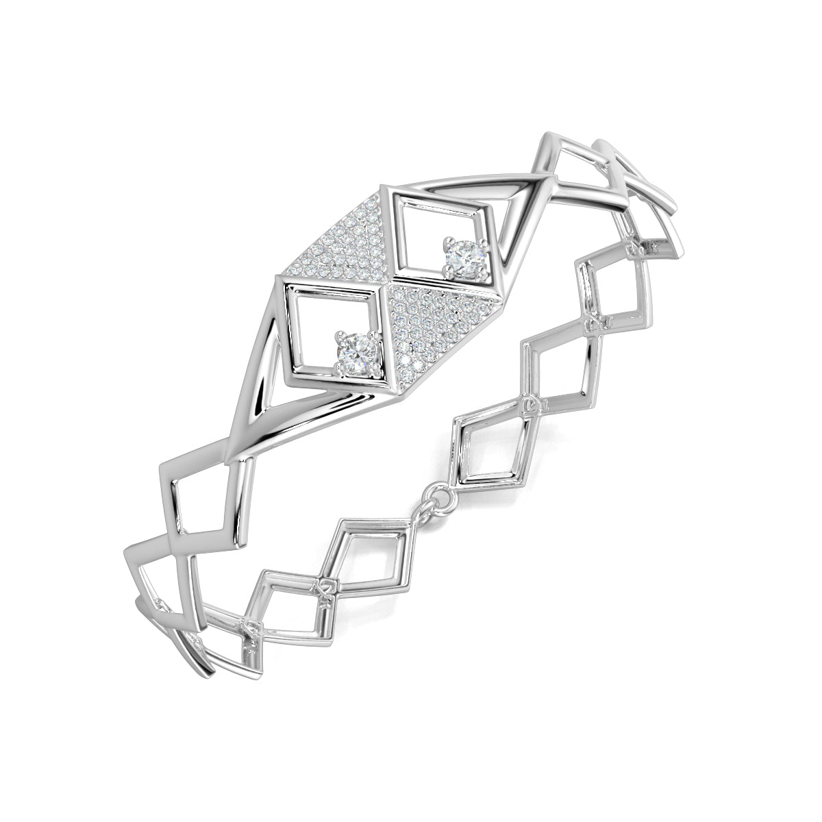 White Gold, Diamond Bracelet, Natural diamond bracelet, Lab-grown diamond bracelet, Oval diamond bracelet, Enigma bracelet, hexagonal motif, chain band bracelet, kite-shaped diamonds, round diamonds, luxury jewelry, elegant bracelet