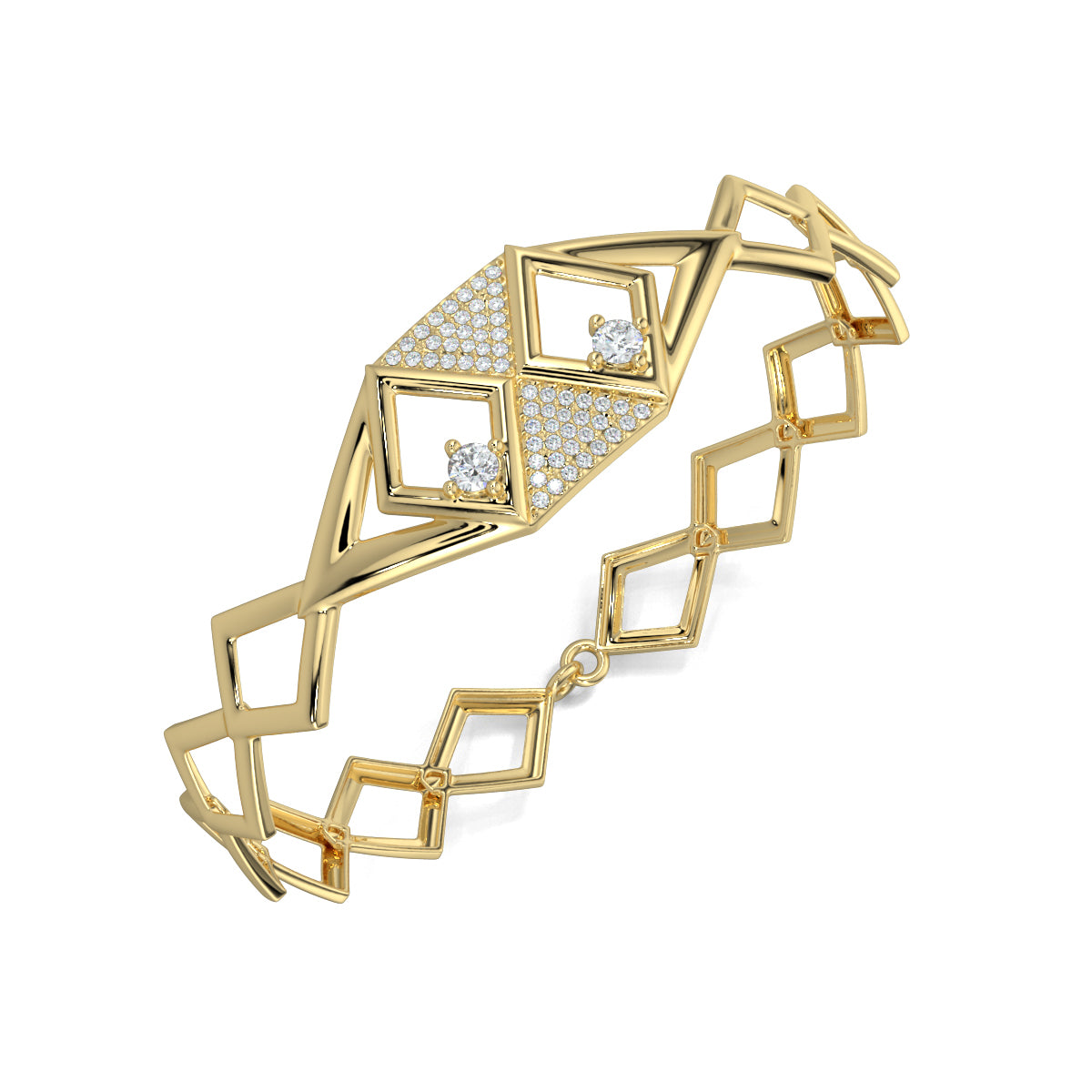 Yellow Gold, Diamond Bracelet, Natural diamond bracelet, Lab-grown diamond bracelet, Oval diamond bracelet, Enigma bracelet, hexagonal motif, chain band bracelet, kite-shaped diamonds, round diamonds, luxury jewelry, elegant bracelet