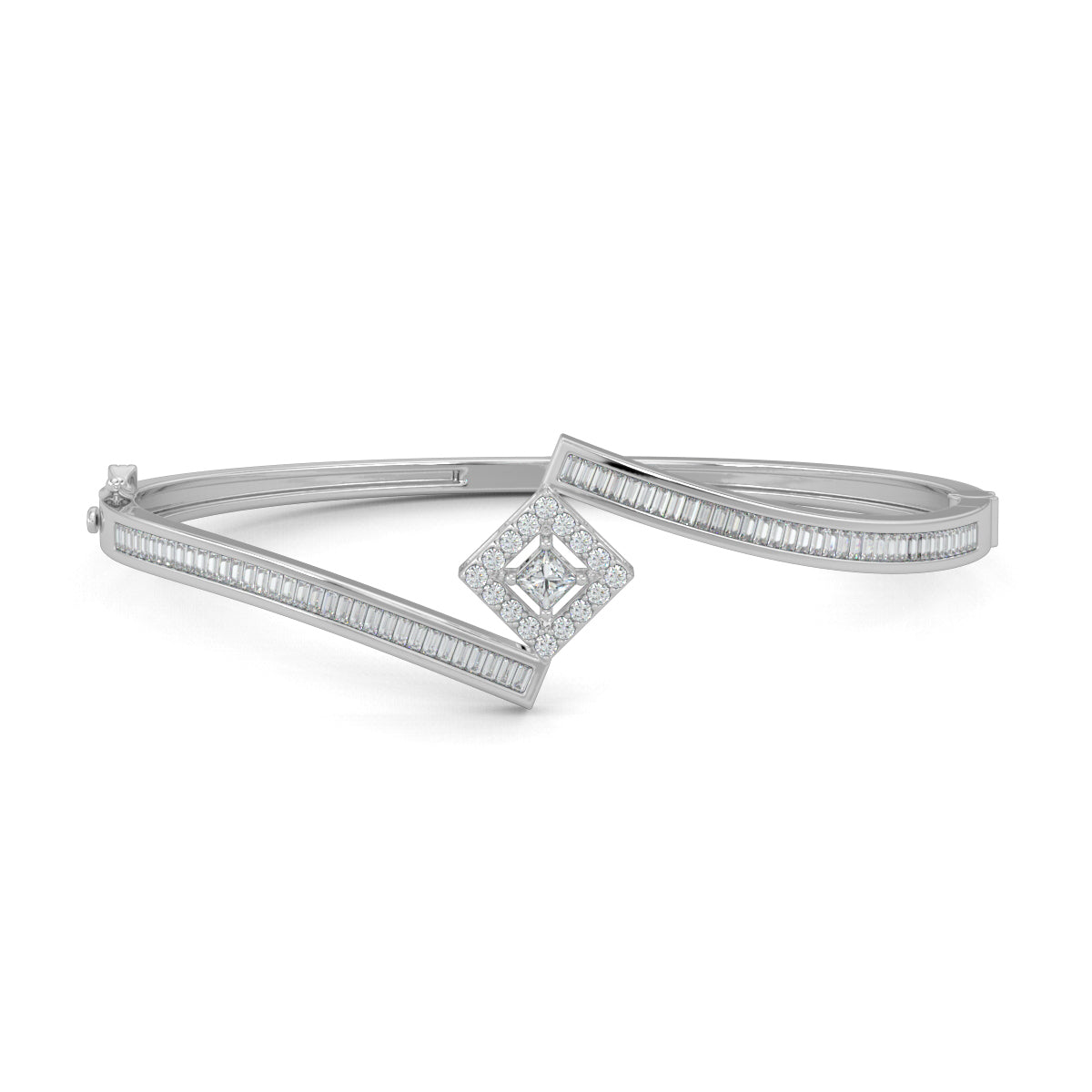 White Gold, Diamond Bracelet, Seraphic Splendor Diamond Bracelet, natural diamonds, lab-grown diamonds, bypass bracelet, baguette channeling, princess cut diamond, halo setting