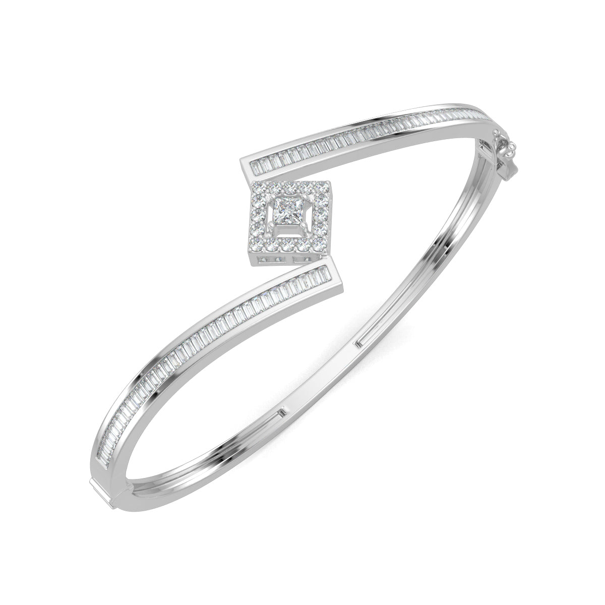 White Gold, Diamond Bracelet, Seraphic Splendor Diamond Bracelet, natural diamonds, lab-grown diamonds, bypass bracelet, baguette channeling, princess cut diamond, halo setting