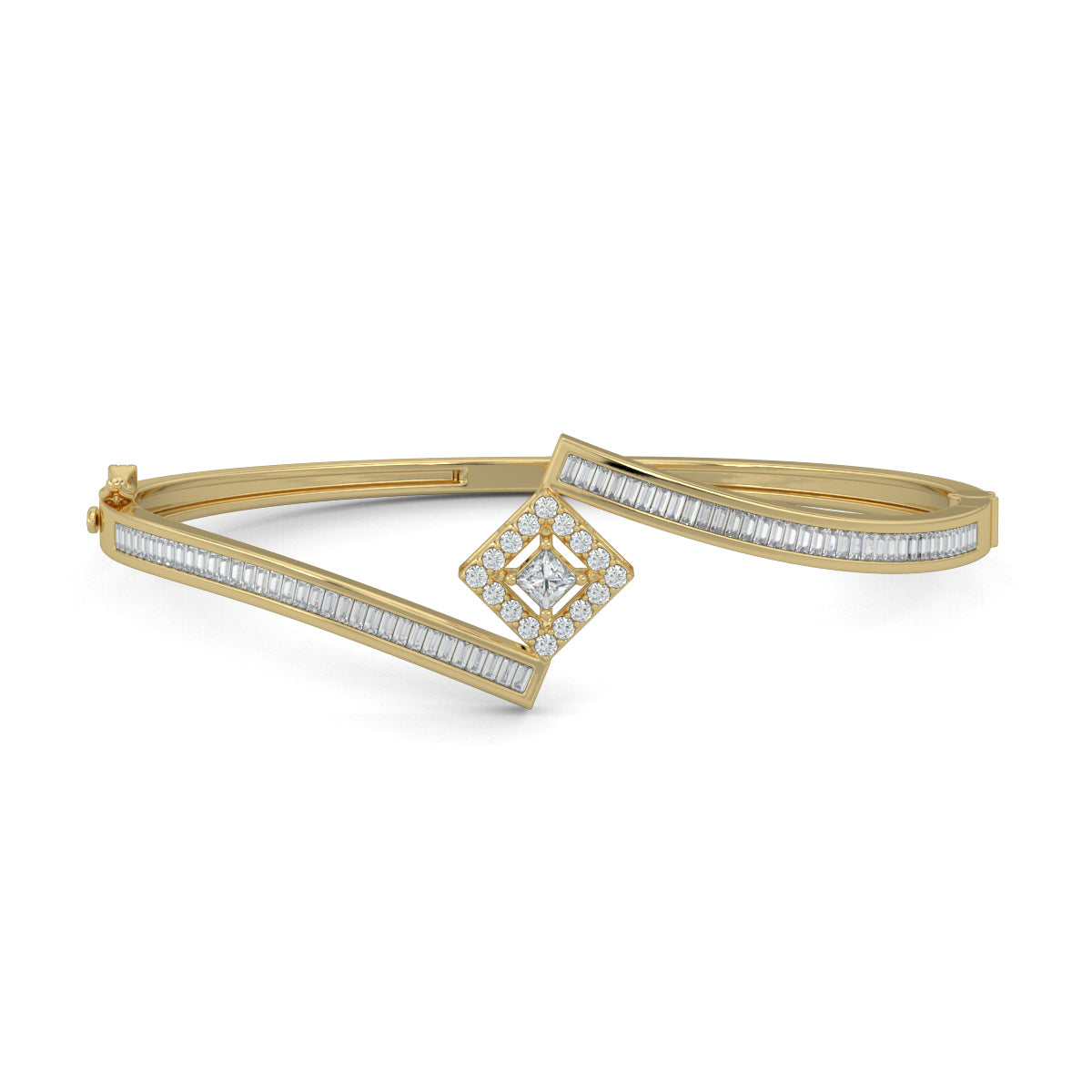 Yellow Gold, Diamond Bracelet, Seraphic Splendor Diamond Bracelet, natural diamonds, lab-grown diamonds, bypass bracelet, baguette channeling, princess cut diamond, halo setting