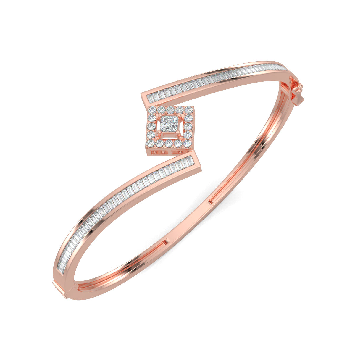 Rose Gold, Diamond Bracelet, Seraphic Splendor Diamond Bracelet, natural diamonds, lab-grown diamonds, bypass bracelet, baguette channeling, princess cut diamond, halo setting