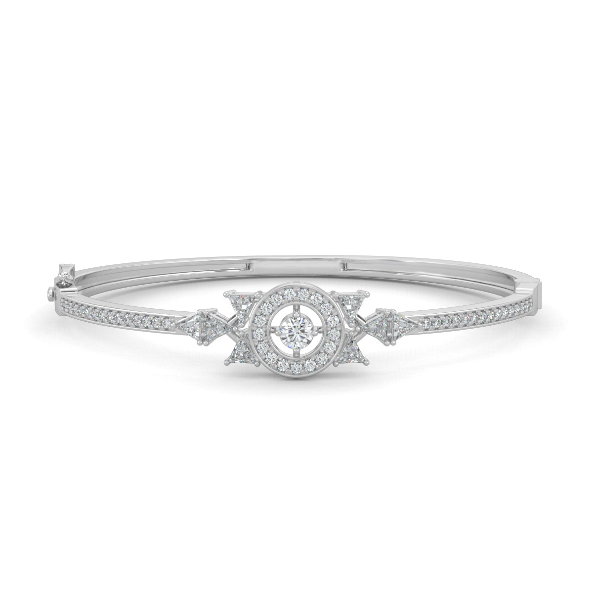 White Gold, Diamond Bracelet, Cosmos trillion bracelet, natural diamonds, lab-grown diamonds, oval band bracelet, round diamond halo setting, trillion diamond accents, pave setting, luxury jewelry, celestial bracelet.