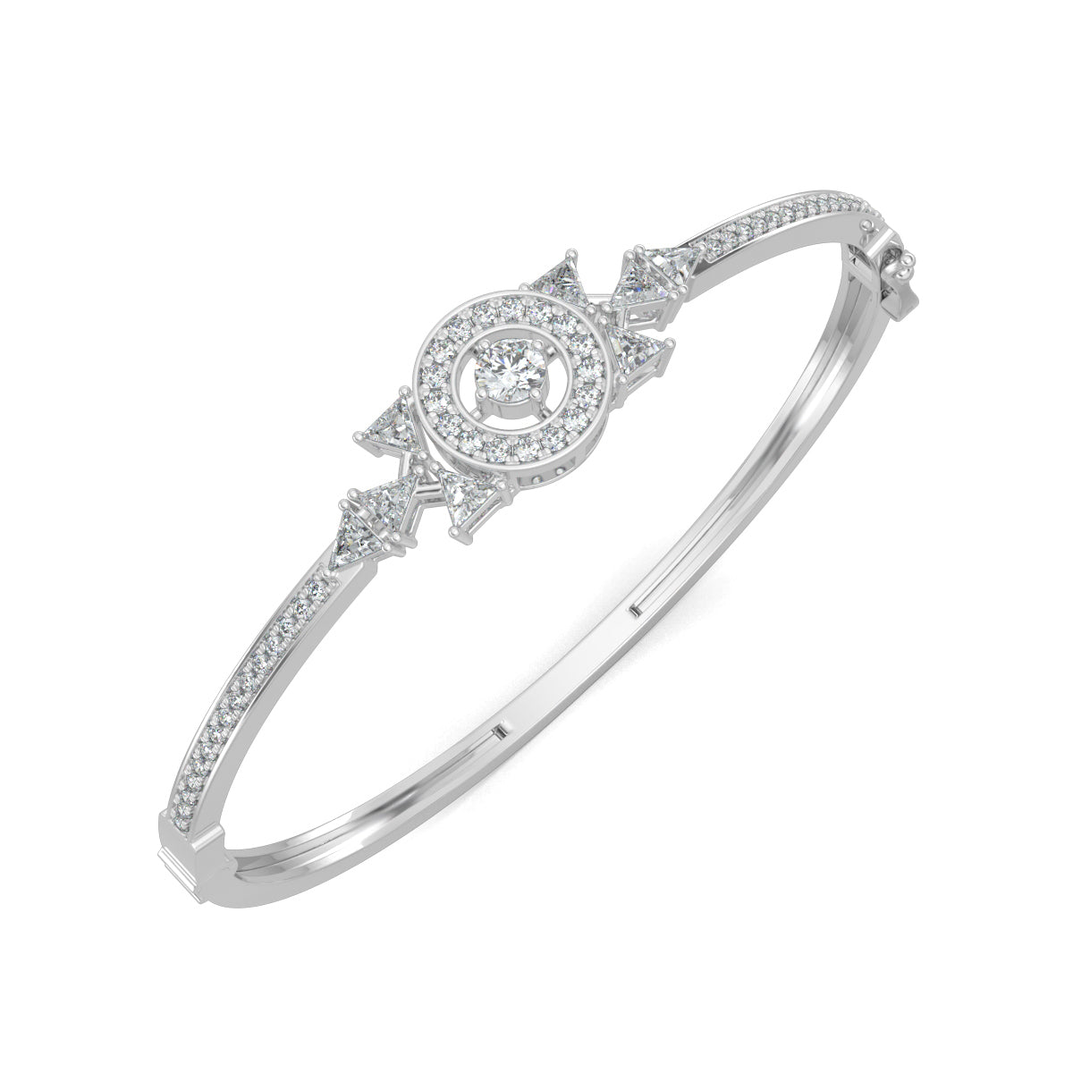White Gold, Diamond Bracelet, Cosmos trillion bracelet, natural diamonds, lab-grown diamonds, oval band bracelet, round diamond halo setting, trillion diamond accents, pave setting, luxury jewelry, celestial bracelet.