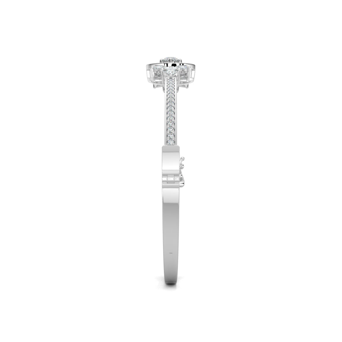 White Gold, Diamond Bracelet, Cosmos trillion bracelet, natural diamonds, lab-grown diamonds, oval band bracelet, round diamond halo setting, trillion diamond accents, pave setting, luxury jewelry, celestial bracelet.