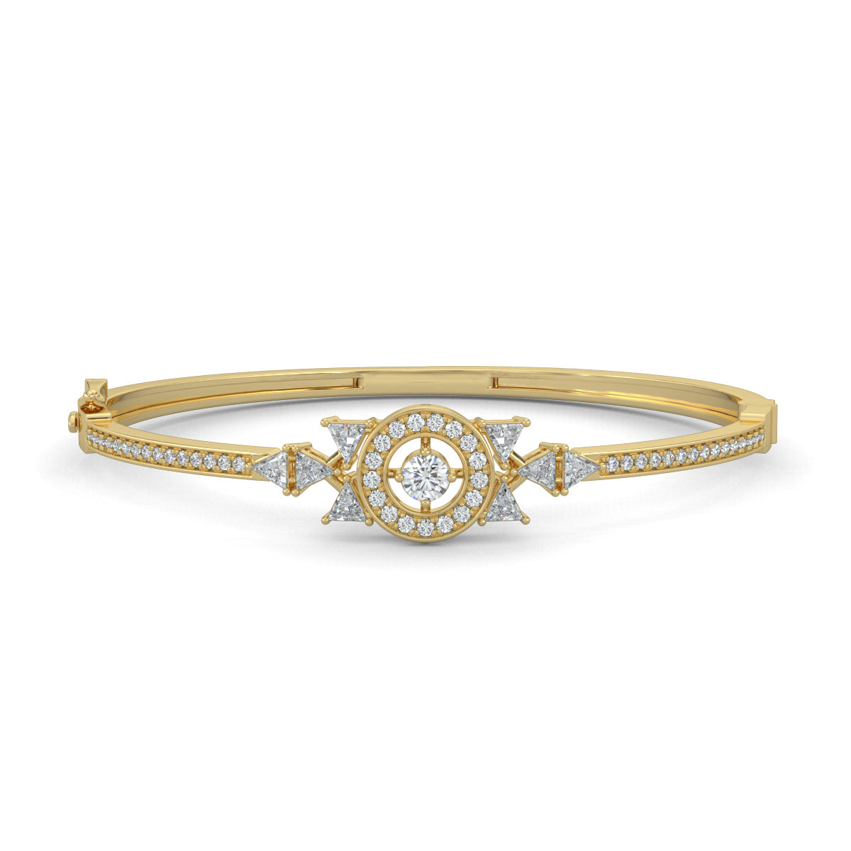 Yellow Gold, Diamond Bracelet, Cosmos trillion bracelet, natural diamonds, lab-grown diamonds, oval band bracelet, round diamond halo setting, trillion diamond accents, pave setting, luxury jewelry, celestial bracelet.