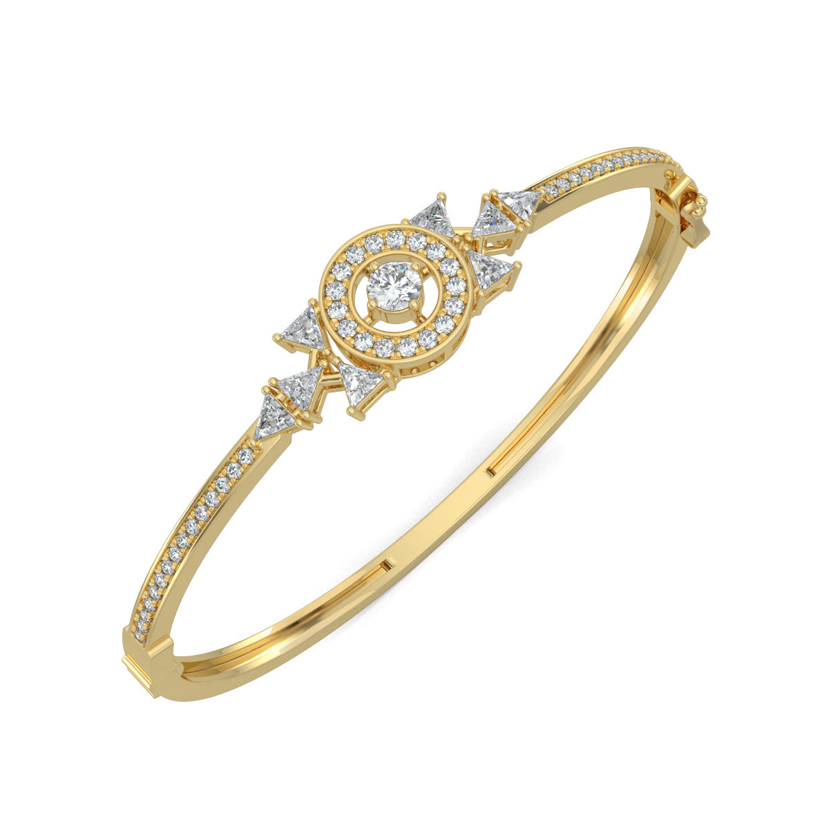 Yellow Gold, Diamond Bracelet, Cosmos trillion bracelet, natural diamonds, lab-grown diamonds, oval band bracelet, round diamond halo setting, trillion diamond accents, pave setting, luxury jewelry, celestial bracelet.