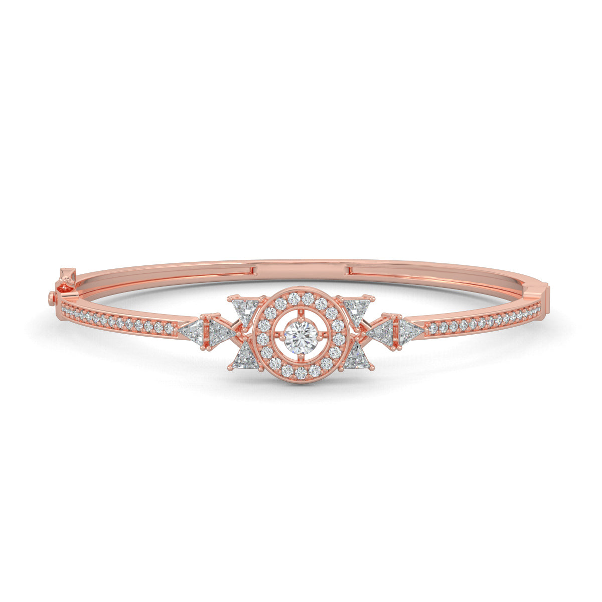 Rose Gold, Diamond Bracelet, Cosmos trillion bracelet, natural diamonds, lab-grown diamonds, oval band bracelet, round diamond halo setting, trillion diamond accents, pave setting, luxury jewelry, celestial bracelet.