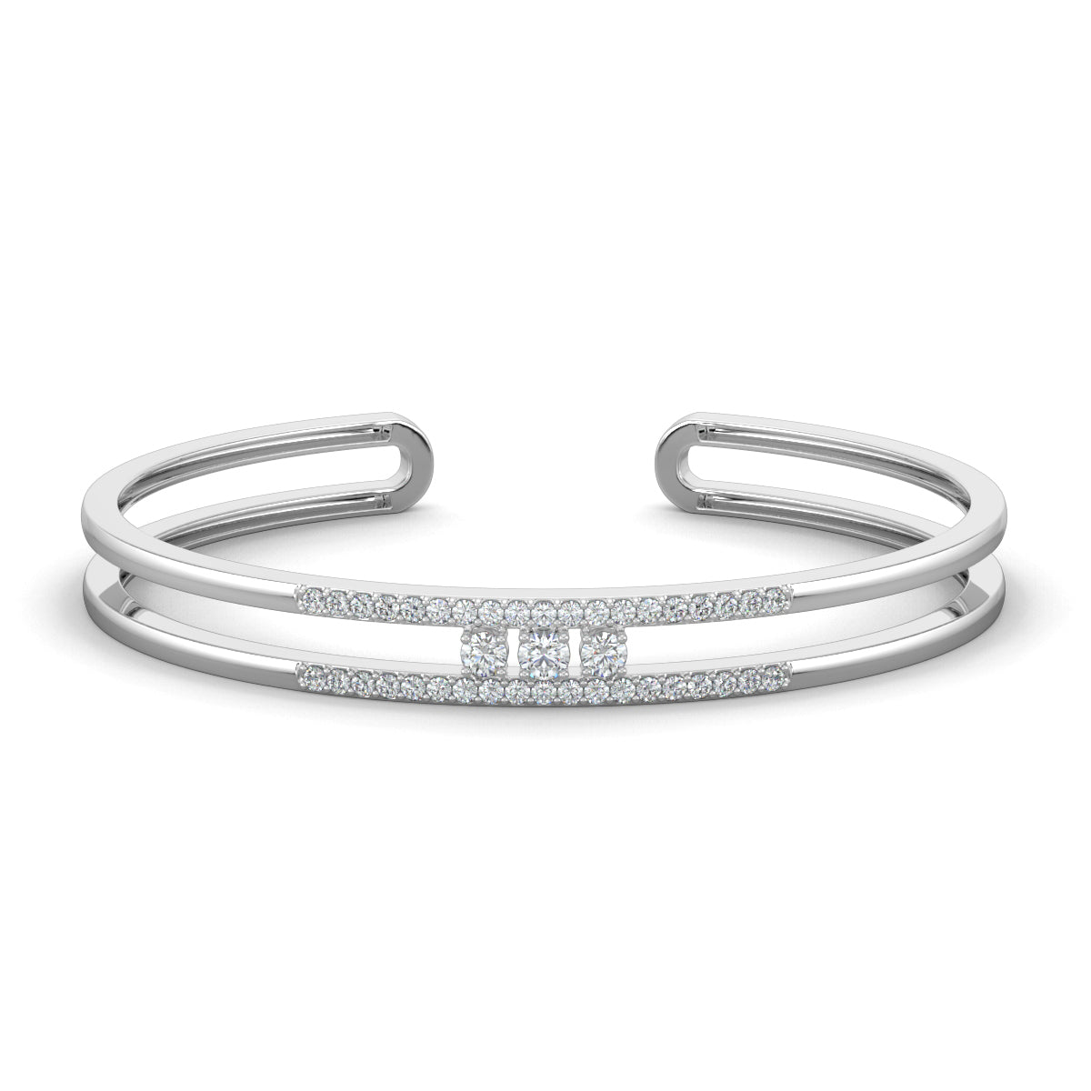 White Gold, Diamond Bracelet, Natural diamond bracelet, Lab-grown diamond bracelet, Trinity Sparkle Kada Bracelet, Diamond pave bracelet, Three round diamond kada, Elegant diamond jewelry, Luxury bracelet with diamonds