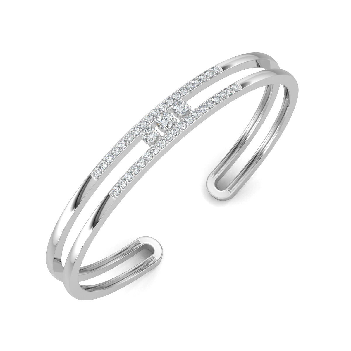 White Gold, Diamond Bracelet, Natural diamond bracelet, Lab-grown diamond bracelet, Trinity Sparkle Kada Bracelet, Diamond pave bracelet, Three round diamond kada, Elegant diamond jewelry, Luxury bracelet with diamonds