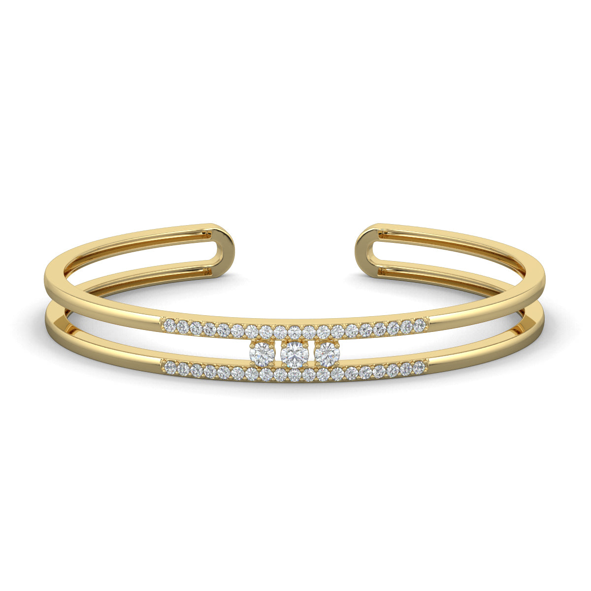 Yellow Gold, Diamond Bracelet, Natural diamond bracelet, Lab-grown diamond bracelet, Trinity Sparkle Kada Bracelet, Diamond pave bracelet, Three round diamond kada, Elegant diamond jewelry, Luxury bracelet with diamonds