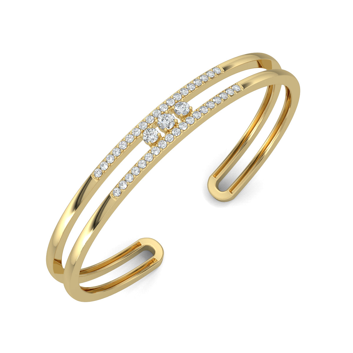 Yellow Gold, Diamond Bracelet, Natural diamond bracelet, Lab-grown diamond bracelet, Trinity Sparkle Kada Bracelet, Diamond pave bracelet, Three round diamond kada, Elegant diamond jewelry, Luxury bracelet with diamonds