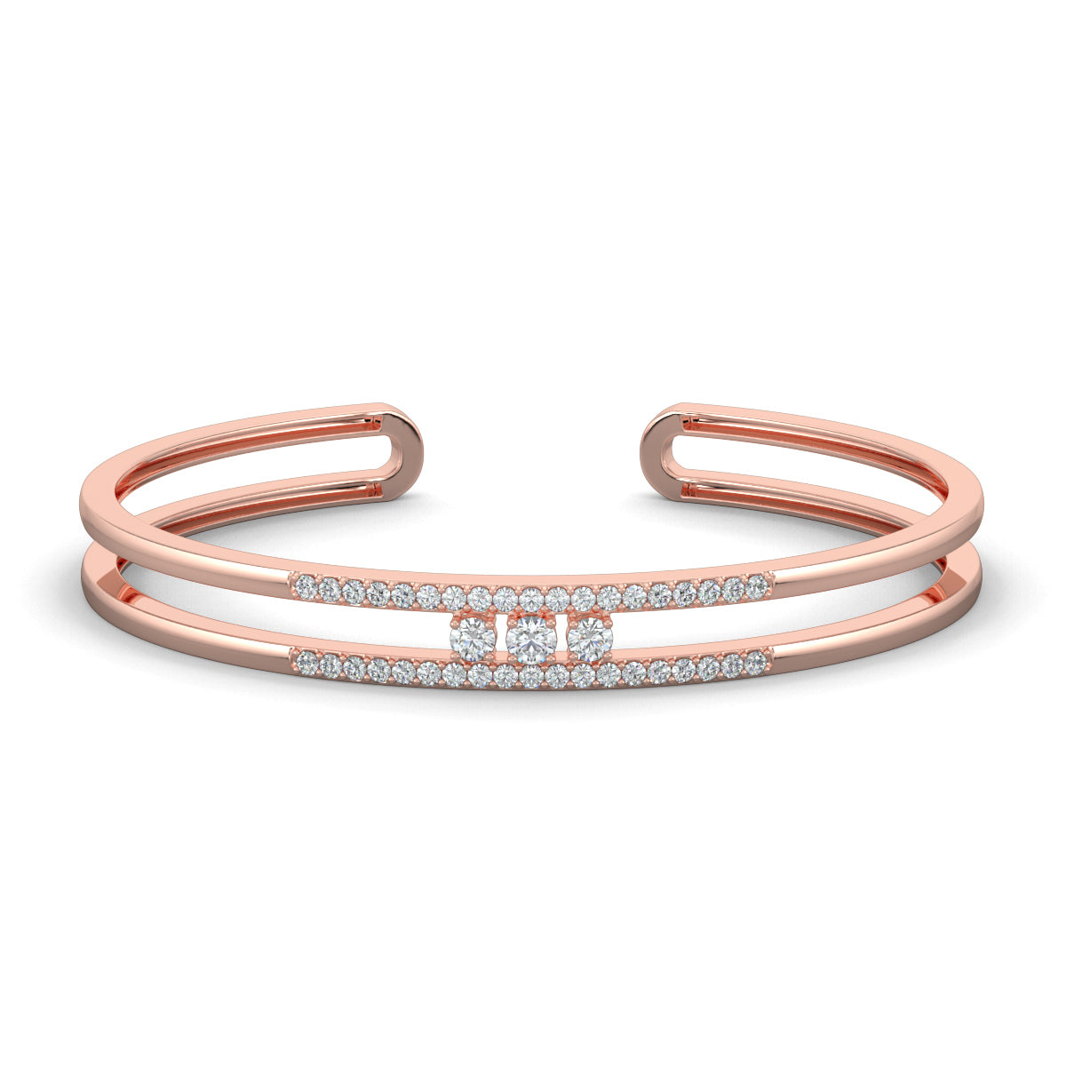 Rose Gold, Diamond Bracelet, Natural diamond bracelet, Lab-grown diamond bracelet, Trinity Sparkle Kada Bracelet, Diamond pave bracelet, Three round diamond kada, Elegant diamond jewelry, Luxury bracelet with diamonds