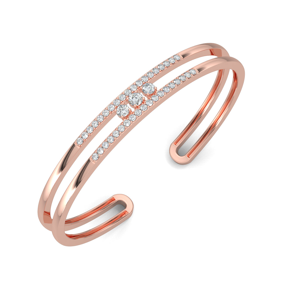 Rose Gold, Diamond Bracelet, Natural diamond bracelet, Lab-grown diamond bracelet, Trinity Sparkle Kada Bracelet, Diamond pave bracelet, Three round diamond kada, Elegant diamond jewelry, Luxury bracelet with diamonds