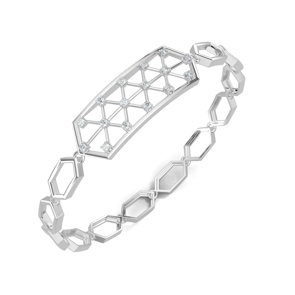 White Gold, Diamond Bracelet, Crystalline Hex Bracelet, Natural diamonds, lab-grown diamonds, hexagonal bracelet, six-sided links, diamond chain bracelet, luxury bracelet