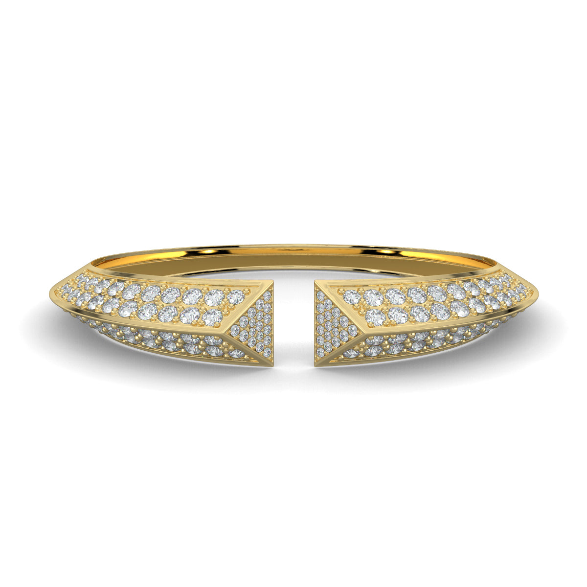 Yellow Gold, Diamond Bracelets, Natural Diamonds, Lab-Grown Diamonds, diamond cuff bracelet, 3D triangular ends, round diamonds, luxury jewelry