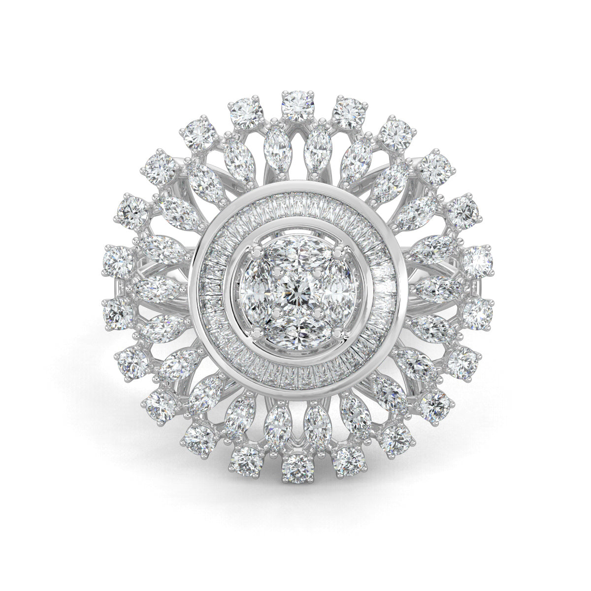 White Gold, Diamond Ring, Celestial Uplift Diamond Ring, Natural Diamond Ring, Lab-Grown Diamond Ring, Marquise Cut Diamond, Baguette Diamond Band, Illusion Setting, Elegant Cocktail Ring, Everyday Diamond Jewelry