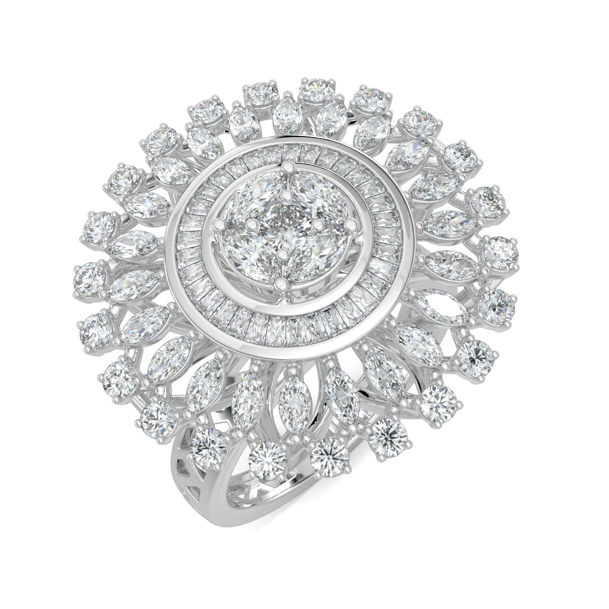 White Gold, Diamond Ring, Celestial Uplift Diamond Ring, Natural Diamond Ring, Lab-Grown Diamond Ring, Marquise Cut Diamond, Baguette Diamond Band, Illusion Setting, Elegant Cocktail Ring, Everyday Diamond Jewelry