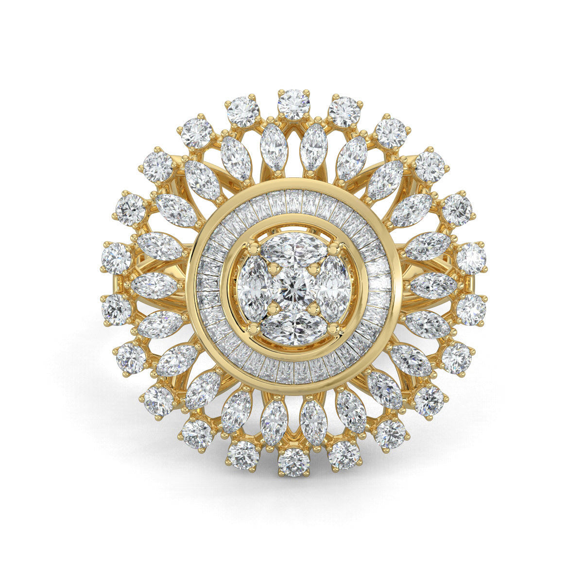 Yellow Gold, Diamond Ring, Celestial Uplift Diamond Ring, Natural Diamond Ring, Lab-Grown Diamond Ring, Marquise Cut Diamond, Baguette Diamond Band, Illusion Setting, Elegant Cocktail Ring, Everyday Diamond Jewelry
