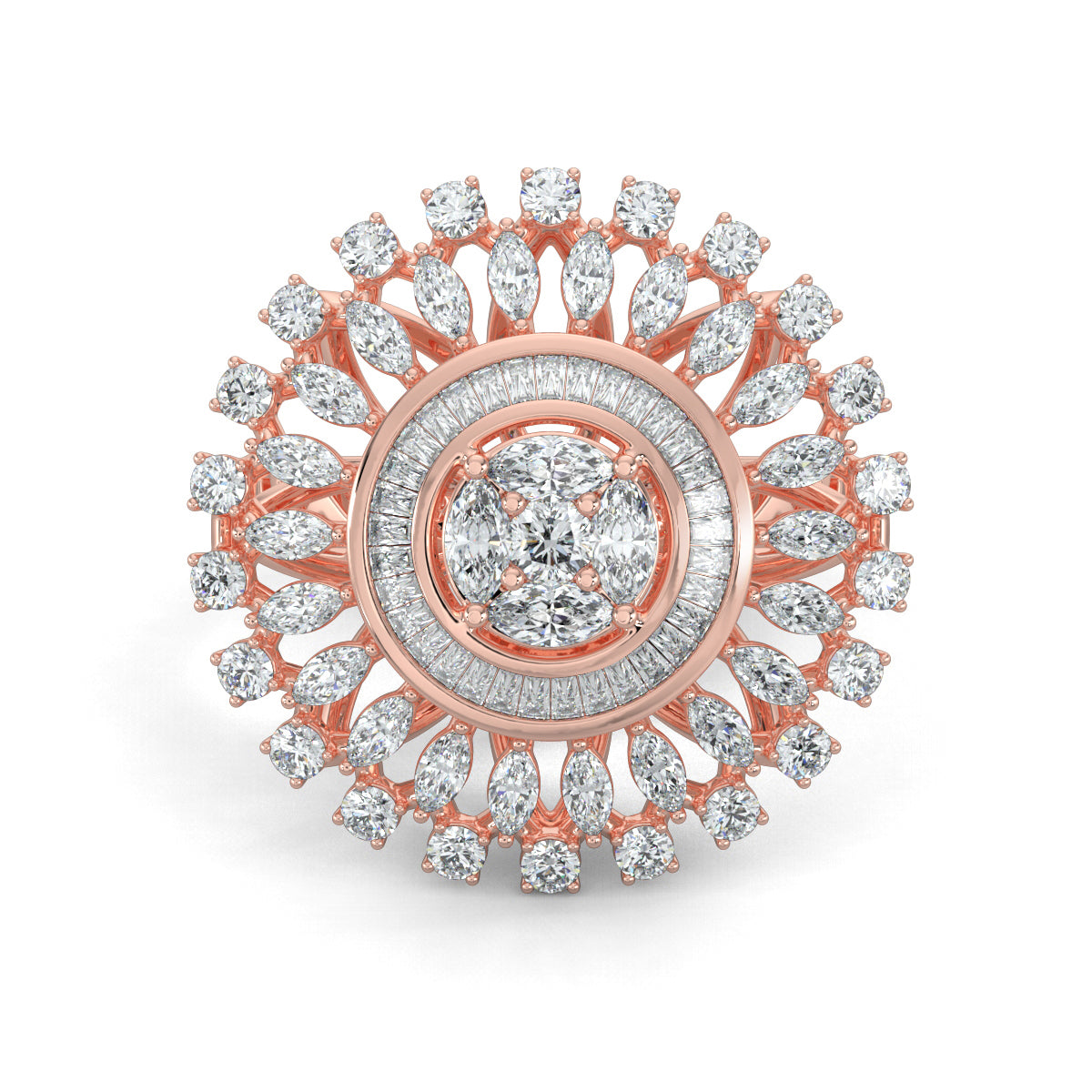 Rose Gold, Diamond Ring, Celestial Uplift Diamond Ring, Natural Diamond Ring, Lab-Grown Diamond Ring, Marquise Cut Diamond, Baguette Diamond Band, Illusion Setting, Elegant Cocktail Ring, Everyday Diamond Jewelry