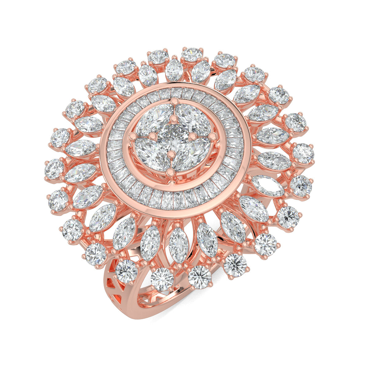 Rose Gold, Diamond Ring, Celestial Uplift Diamond Ring, Natural Diamond Ring, Lab-Grown Diamond Ring, Marquise Cut Diamond, Baguette Diamond Band, Illusion Setting, Elegant Cocktail Ring, Everyday Diamond Jewelry