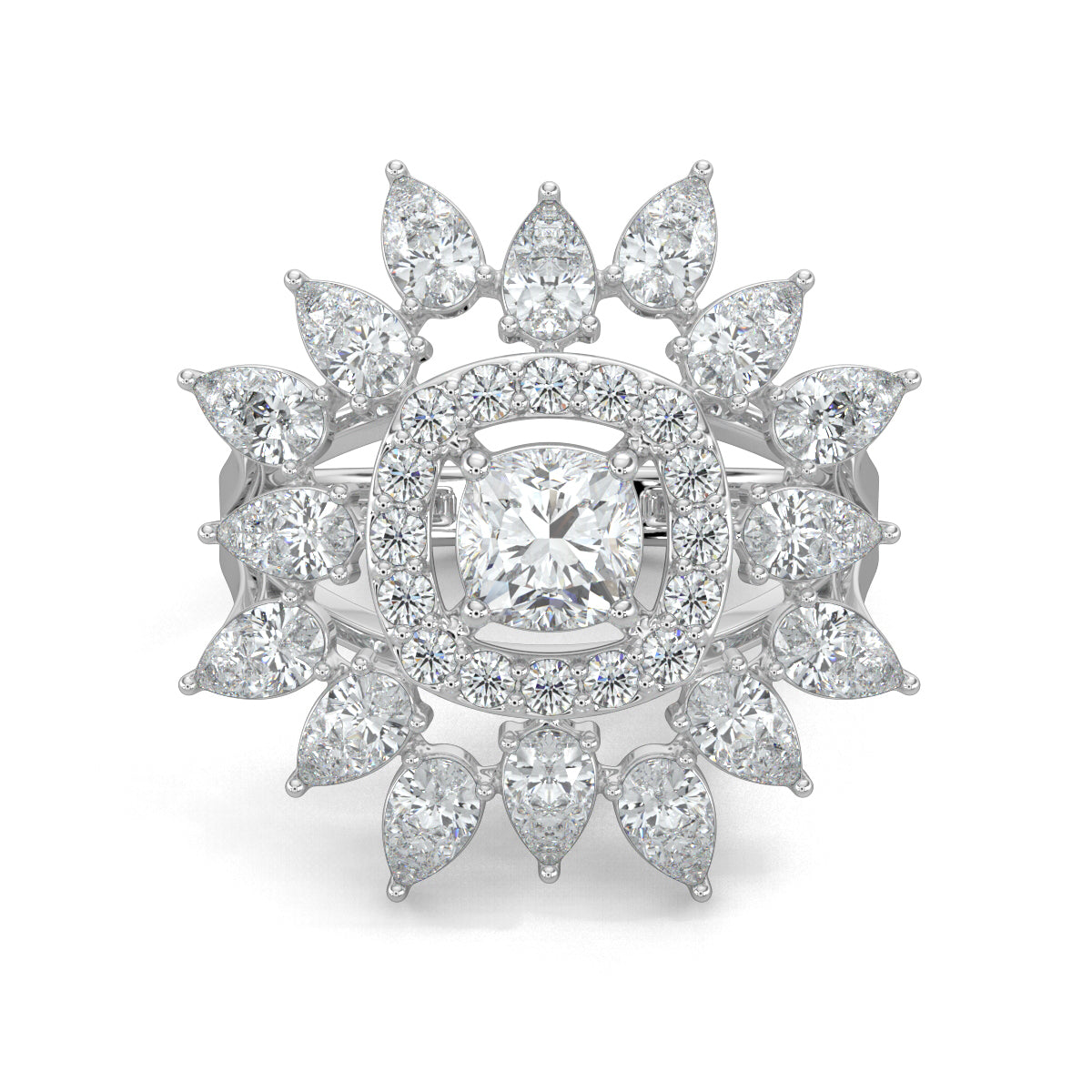 White Gold, Diamond Ring, Natural Diamond Ring, Lab-Grown Diamond Ring, Cushion Square Diamond, Halo Setting, Pear Diamonds, Celestial Jewelry, Ethical Luxury, Everyday Ring