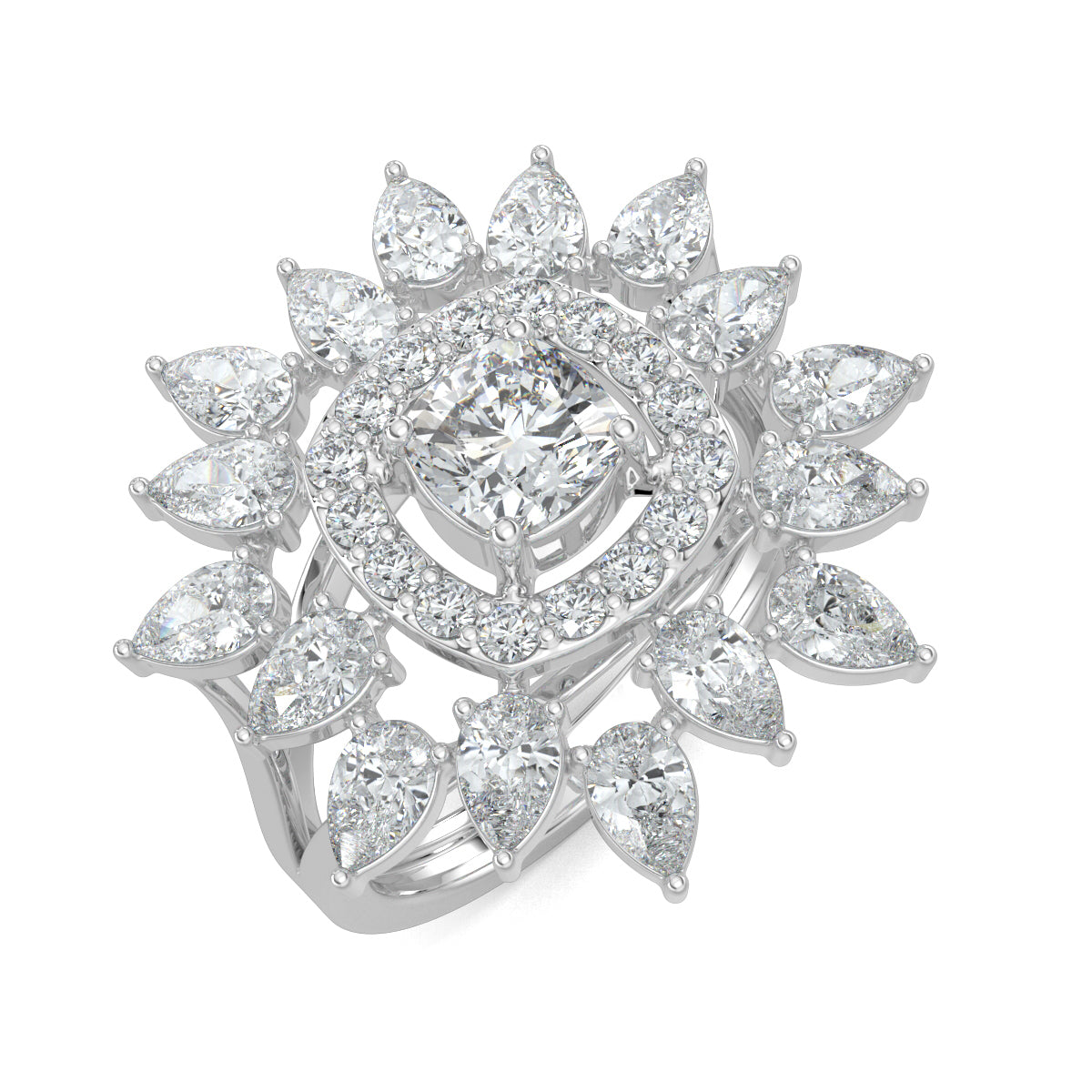 White Gold, Diamond Ring, Natural Diamond Ring, Lab-Grown Diamond Ring, Cushion Square Diamond, Halo Setting, Pear Diamonds, Celestial Jewelry, Ethical Luxury, Everyday Ring