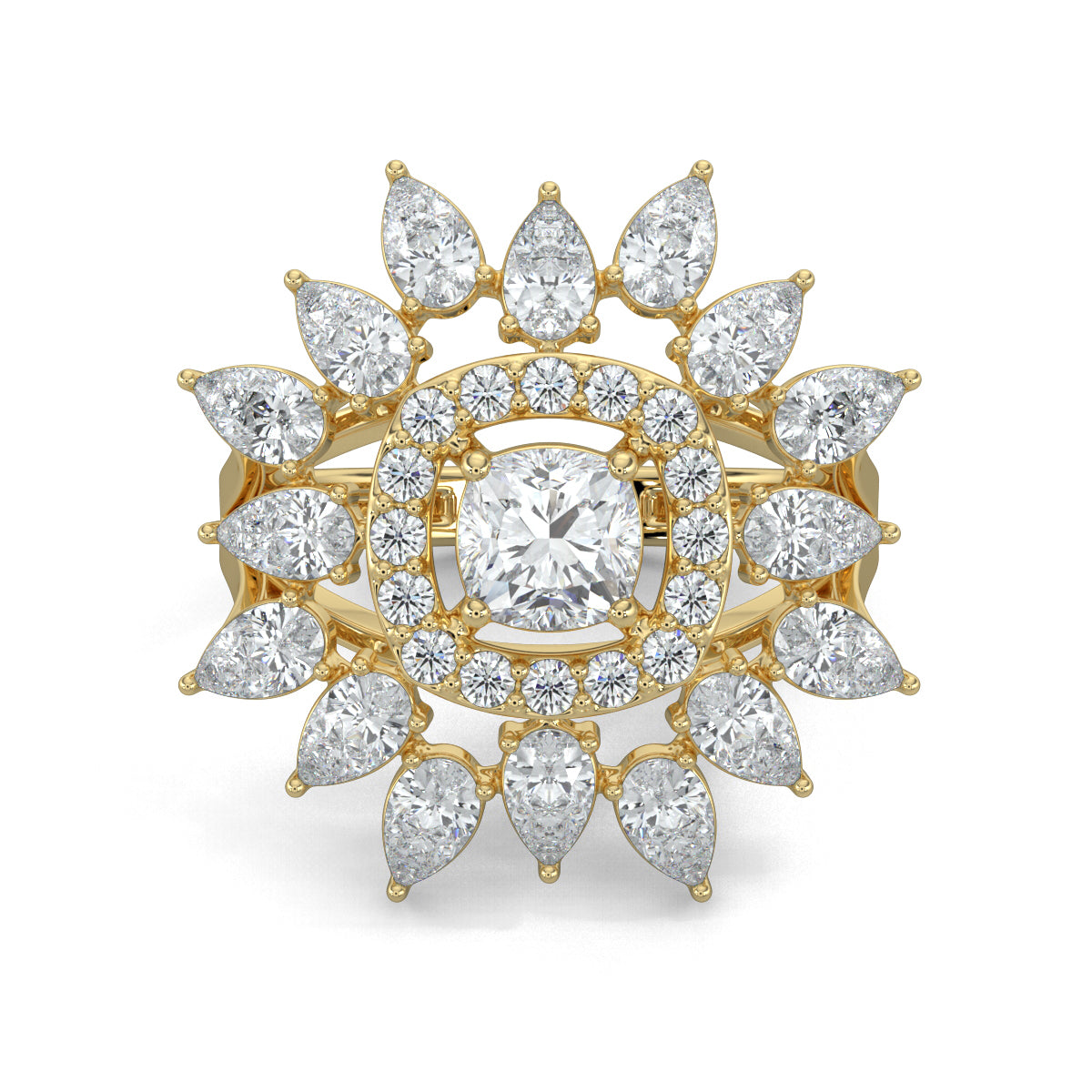 Yellow Gold, Diamond Ring, Natural Diamond Ring, Lab-Grown Diamond Ring, Cushion Square Diamond, Halo Setting, Pear Diamonds, Celestial Jewelry, Ethical Luxury, Everyday Ring