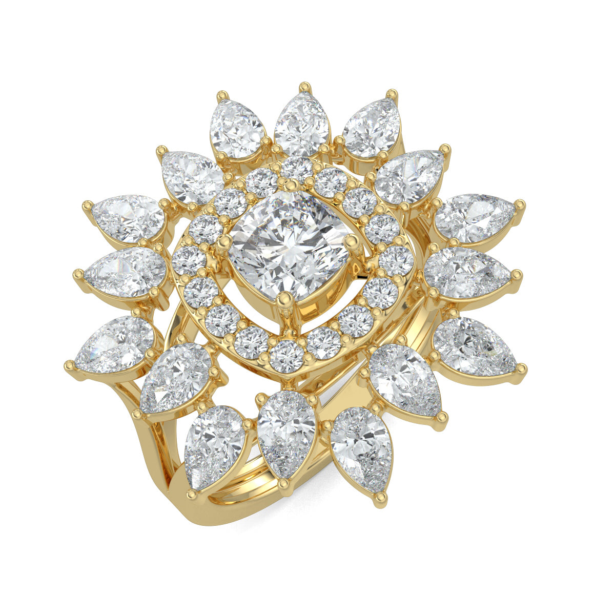 Yellow Gold, Diamond Ring, Natural Diamond Ring, Lab-Grown Diamond Ring, Cushion Square Diamond, Halo Setting, Pear Diamonds, Celestial Jewelry, Ethical Luxury, Everyday Ring