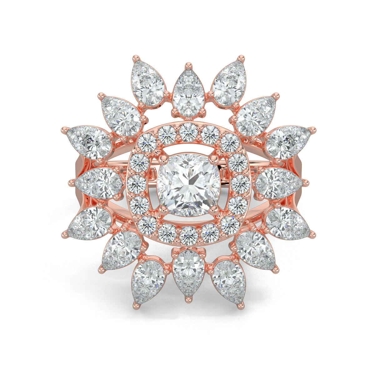 Rose Gold, Diamond Ring, Natural Diamond Ring, Lab-Grown Diamond Ring, Cushion Square Diamond, Halo Setting, Pear Diamonds, Celestial Jewelry, Ethical Luxury, Everyday Ring