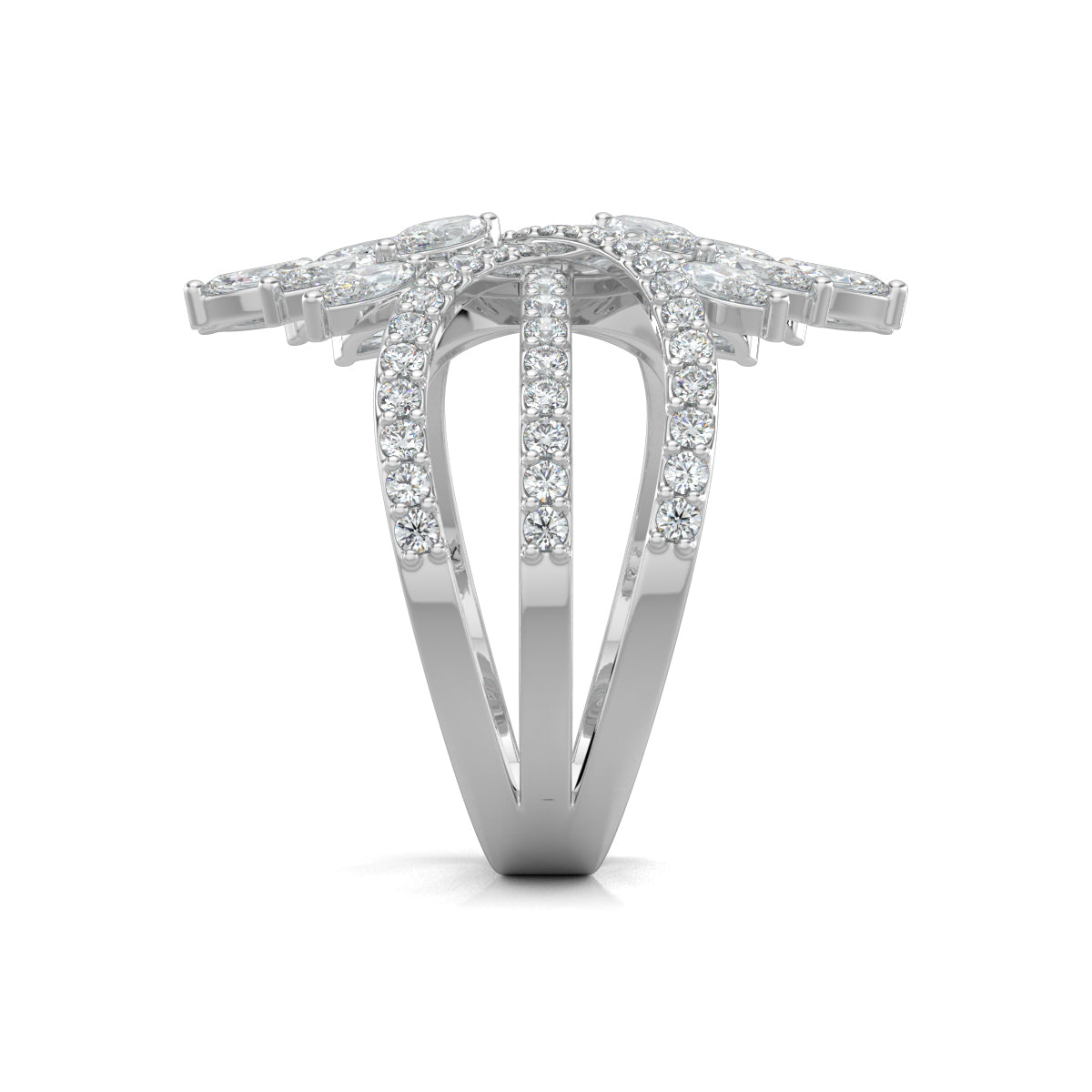 White Gold, Diamond Ring, Natural Diamond ring, Lab-grown diamond ring, Marquise diamond cluster ring, Split shank diamond ring, Everyday diamond ring, Round diamond accents, Modern elegance jewelry, Sophisticated diamond band