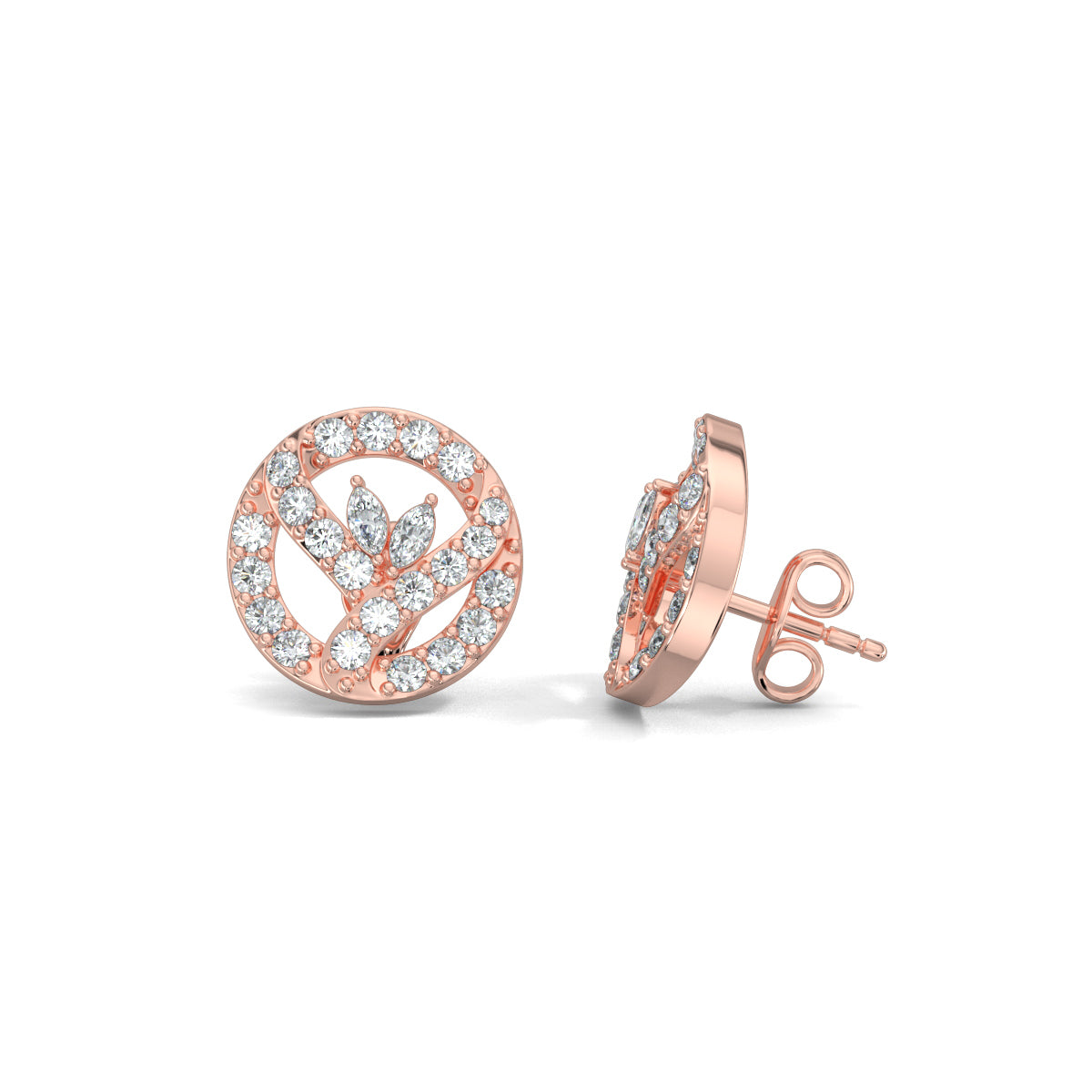 Rose Gold, Natural diamond stud earrings, Lab-grown diamond stud earrings, Celestial Circlet Earrings, Circle shape earrings, Marquise diamond earrings, Two line design, Jewelry accessories, Elegant diamond studs.