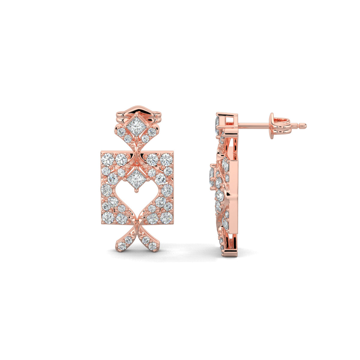 Rose Gold, Diamond Earrings, Royal Pulse Earrings, Natural Diamonds, Lab-Grown Diamonds, Square Earrings, Heart Design, Princess Diamond, Mid-Length Earrings, Sophistication, Grace, Jewelry