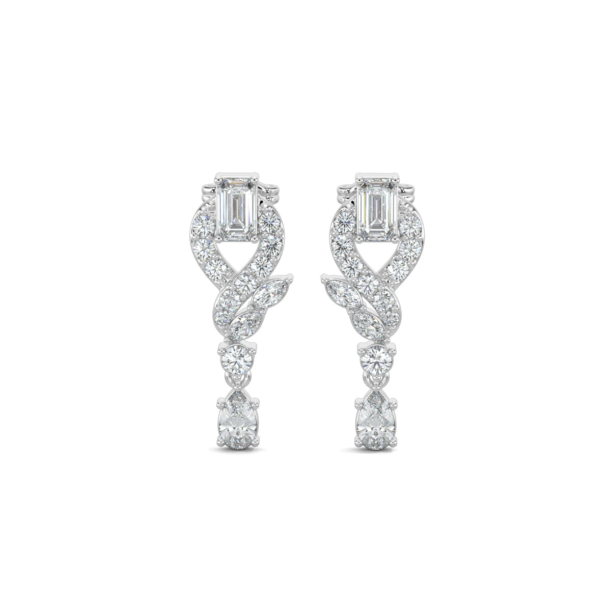 White Gold, Diamond Earrings, Natural diamond earrings, Lab-grown diamond earrings, Swirls Elegance Diamond Earrings, mid-length diamond earrings, emerald cut diamond, round diamonds, marquise diamonds, pear-shaped diamond,
