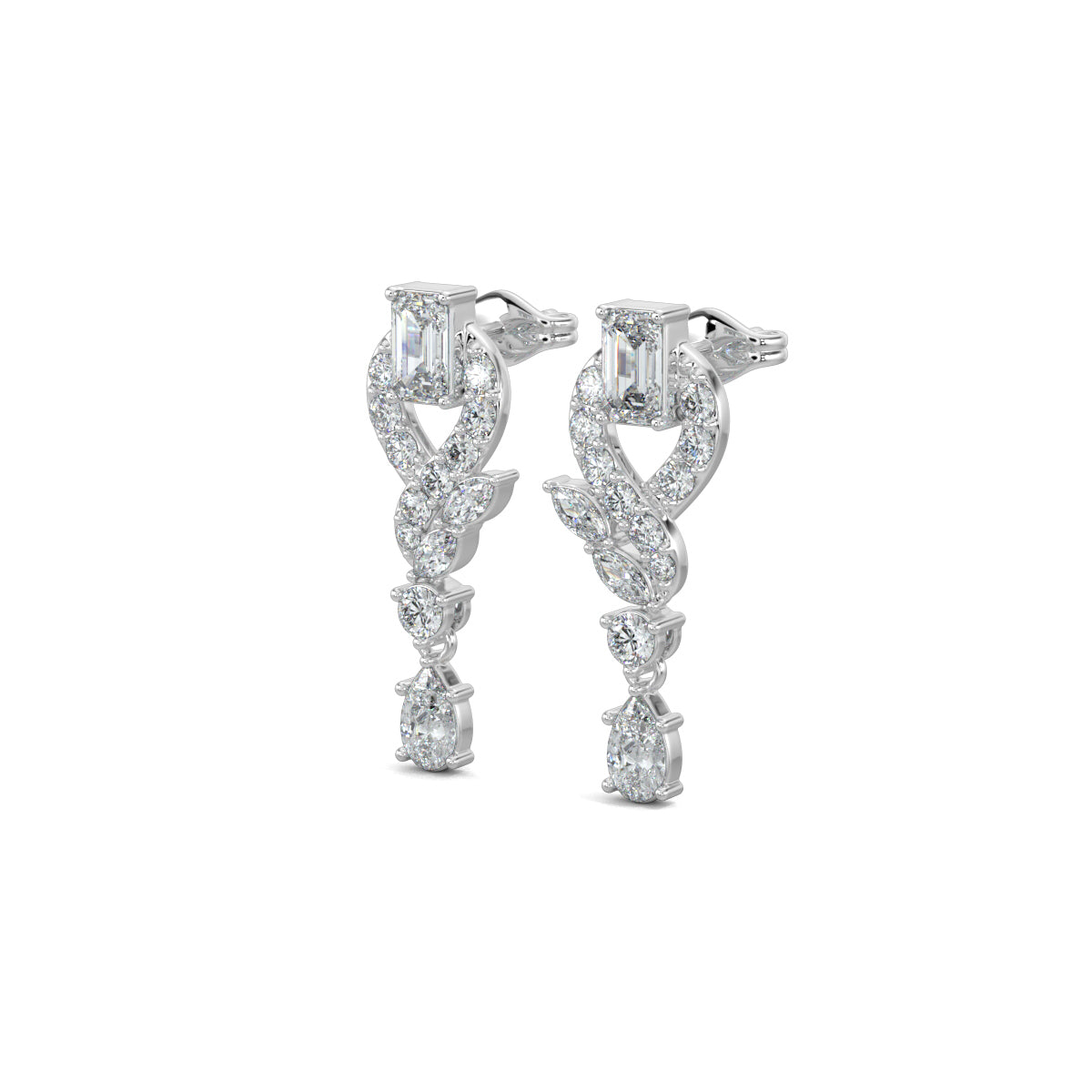 White Gold, Diamond Earrings, Natural diamond earrings, Lab-grown diamond earrings, Swirls Elegance Diamond Earrings, mid-length diamond earrings, emerald cut diamond, round diamonds, marquise diamonds, pear-shaped diamond,