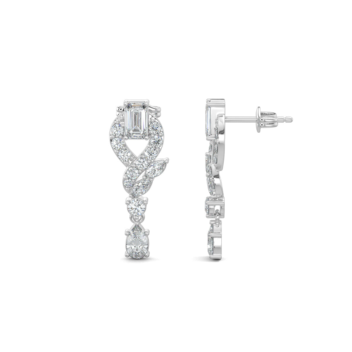 White Gold, Diamond Earrings, Natural diamond earrings, Lab-grown diamond earrings, Swirls Elegance Diamond Earrings, mid-length diamond earrings, emerald cut diamond, round diamonds, marquise diamonds, pear-shaped diamond,