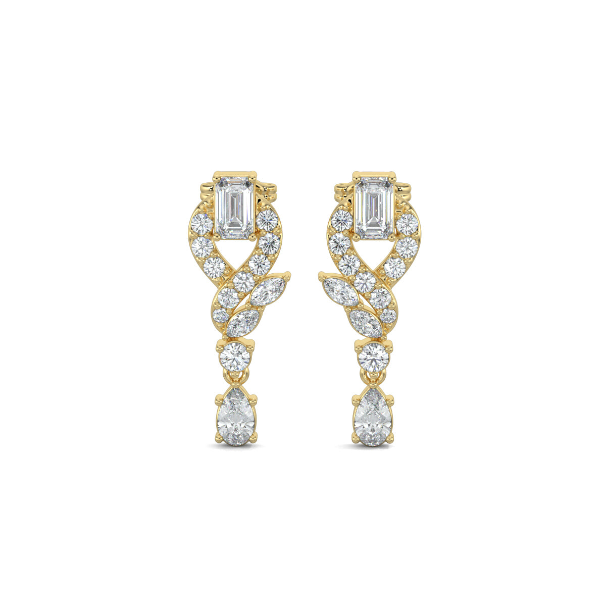 Yellow Gold, Diamond Earrings, Natural diamond earrings, Lab-grown diamond earrings, Swirls Elegance Diamond Earrings, mid-length diamond earrings, emerald cut diamond, round diamonds, marquise diamonds, pear-shaped diamond,