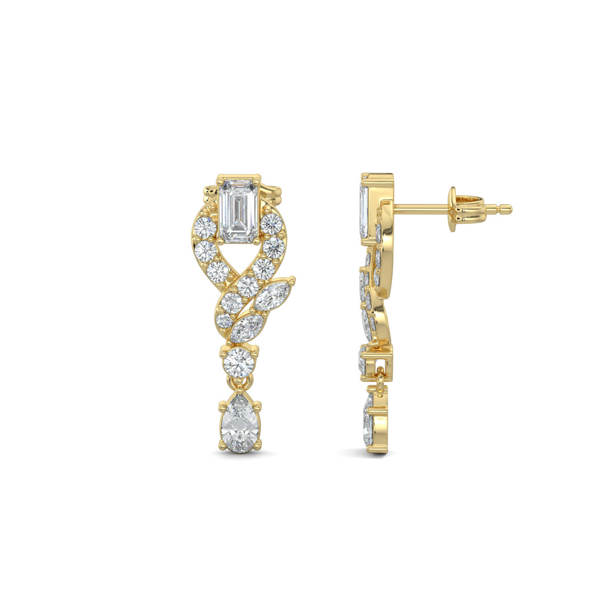 Yellow Gold, Diamond Earrings, Natural diamond earrings, Lab-grown diamond earrings, Swirls Elegance Diamond Earrings, mid-length diamond earrings, emerald cut diamond, round diamonds, marquise diamonds, pear-shaped diamond,