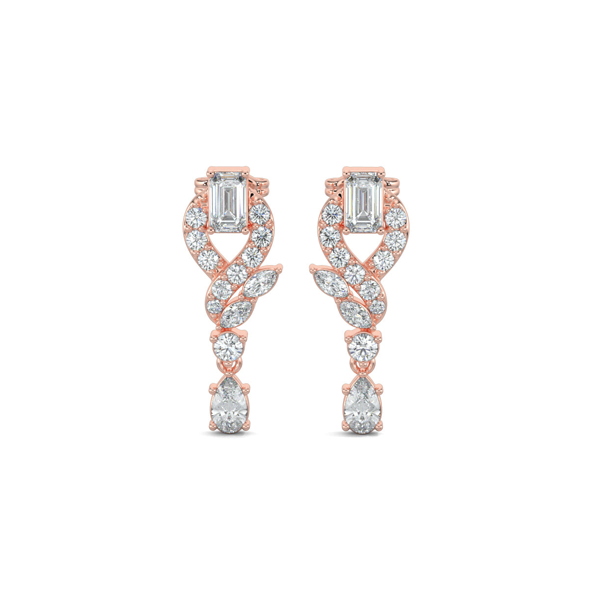 Rose Gold, Diamond Earrings, Natural diamond earrings, Lab-grown diamond earrings, Swirls Elegance Diamond Earrings, mid-length diamond earrings, emerald cut diamond, round diamonds, marquise diamonds, pear-shaped diamond,
