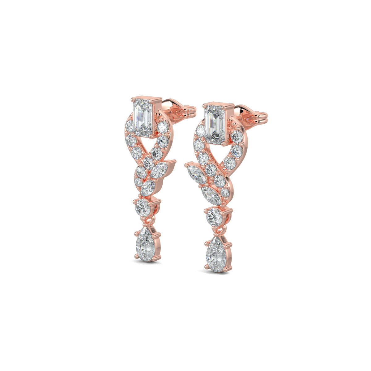 Rose Gold, Diamond Earrings, Natural diamond earrings, Lab-grown diamond earrings, Swirls Elegance Diamond Earrings, mid-length diamond earrings, emerald cut diamond, round diamonds, marquise diamonds, pear-shaped diamond,