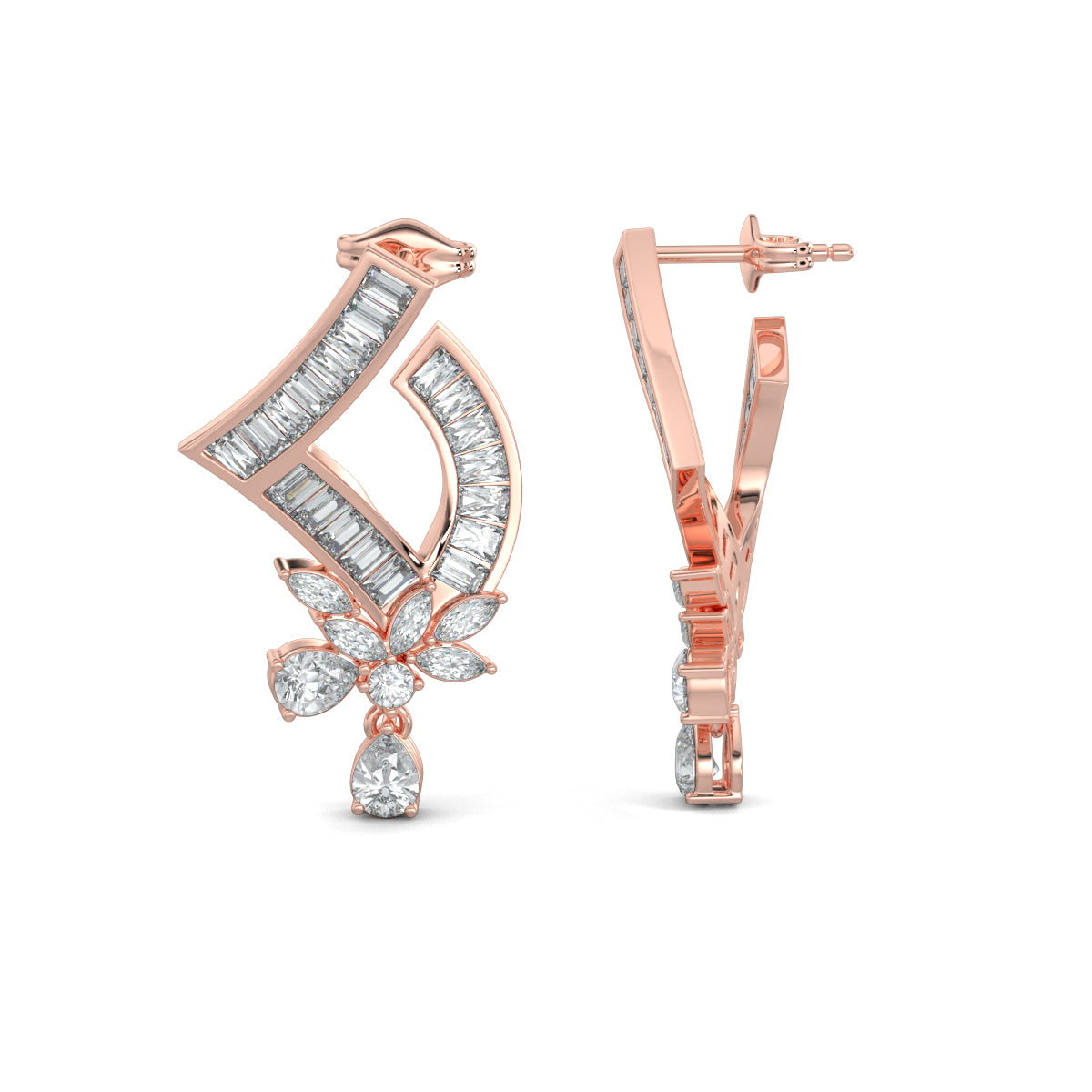 Rose Gold, Diamond Earrings, Enchanté Cherish Earrings, Natural Diamonds, Lab-grown Diamonds, Mid-length Earrings, Baguette Channeling, Marquise Diamonds, Round Diamonds, Pear Diamonds, Sophisticated Elegance, Ethical Luxury Jewelry