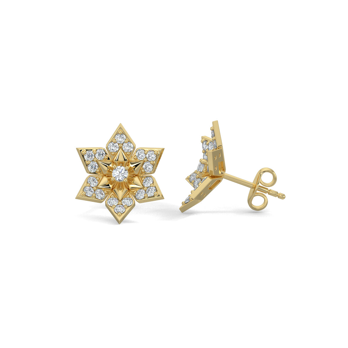 Yellow Gold, Diamond Earrings, Floral Bloom Stud Earrings, Natural Diamonds, Lab-Grown Diamonds, Flower Shape Earrings, Pave Setting, Round Diamond, Sustainable Luxury Jewelry