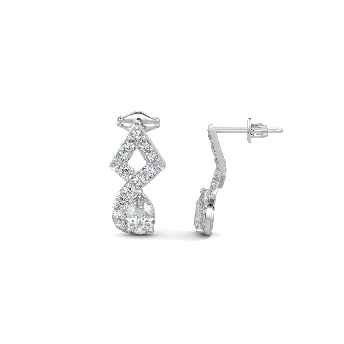 White Gold, Diamond Earrings, Twisted Elegance earrings, diamond earrings, natural diamonds, lab-grown diamonds, pear-cut diamonds, pave setting, mid-length earrings, traditional design, contemporary elegance