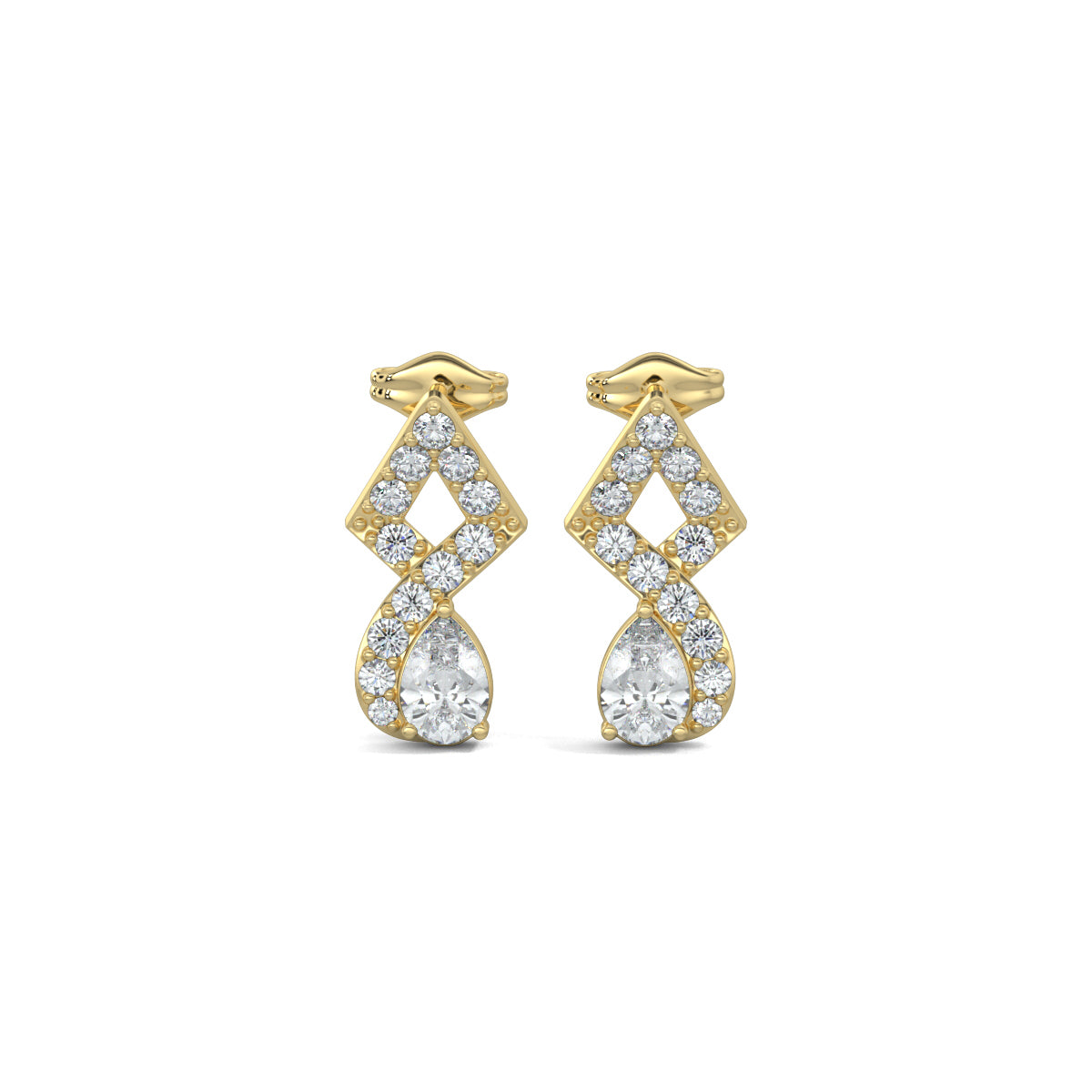 Yellow Gold, Diamond Earrings, Twisted Elegance earrings, diamond earrings, natural diamonds, lab-grown diamonds, pear-cut diamonds, pave setting, mid-length earrings, traditional design, contemporary elegance