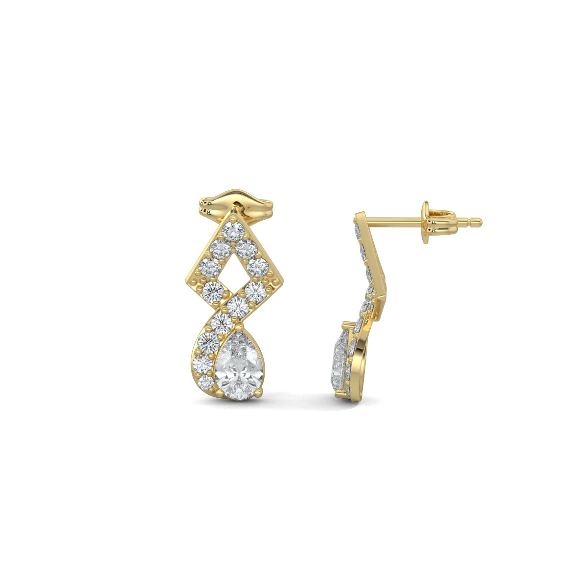 Yellow Gold, Diamond Earrings, Twisted Elegance earrings, diamond earrings, natural diamonds, lab-grown diamonds, pear-cut diamonds, pave setting, mid-length earrings, traditional design, contemporary elegance