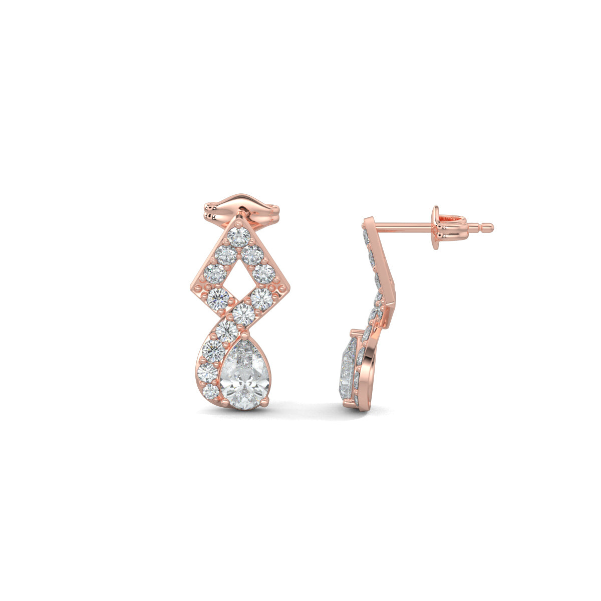 Rose Gold, Diamond Earrings, Twisted Elegance earrings, diamond earrings, natural diamonds, lab-grown diamonds, pear-cut diamonds, pave setting, mid-length earrings, traditional design, contemporary elegance