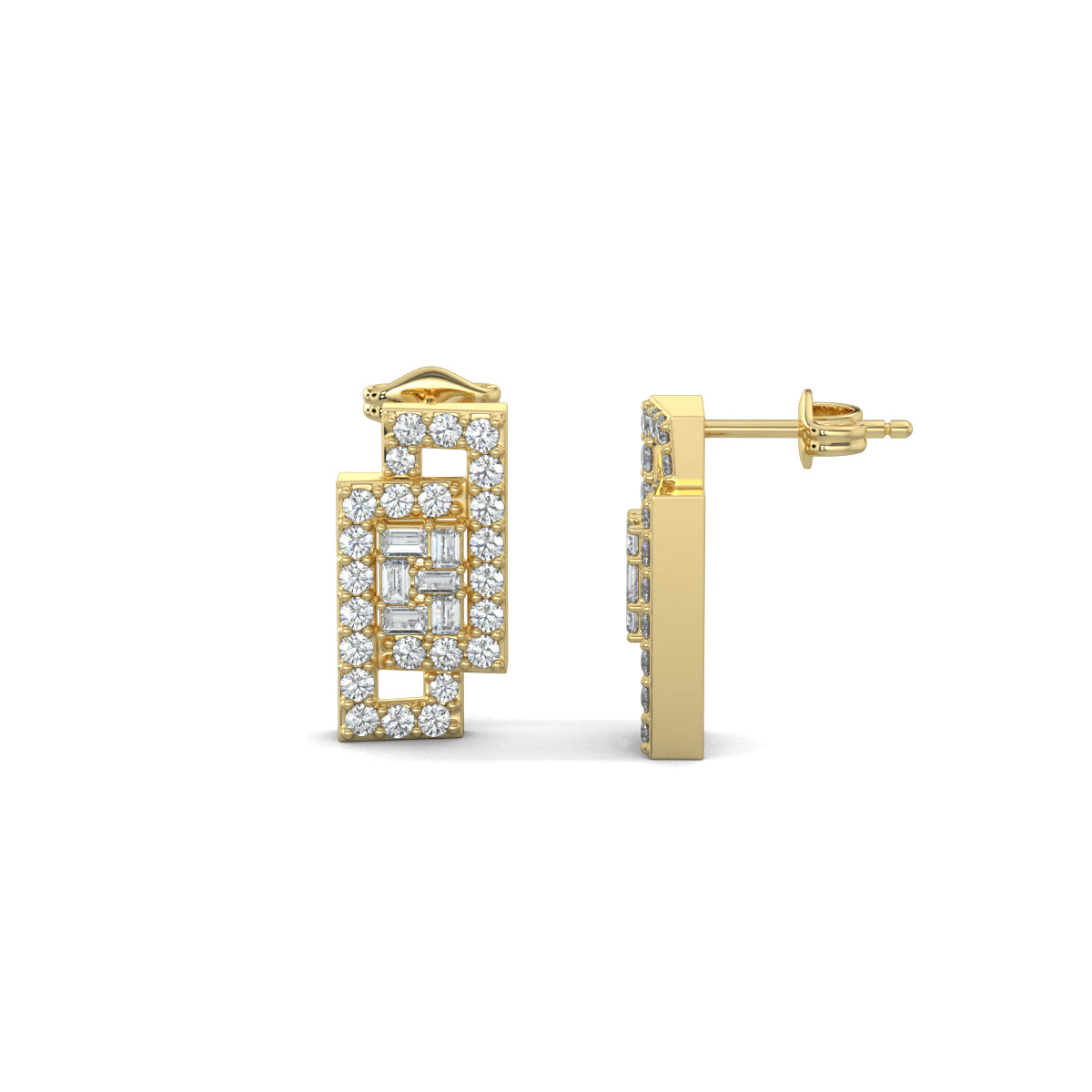Yellow Gold, Diamond Earrings, Natural diamond earrings, Lab-grown diamond earrings, rectangular earrings, mid-length earrings, geometric earrings, radiant diamonds, baguette diamonds, luxury jewelry.