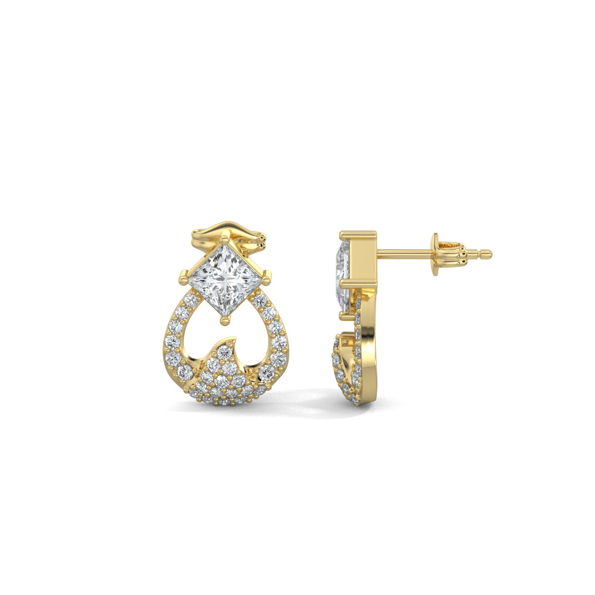 Yellow Gold, Diamond Earrings, Natural diamond stud earrings, Lab-grown diamond stud earrings, GlamourCrest earrings, Princess-cut diamond earrings, Diamond stud earrings, Wave-shaped earrings, Sophisticated jewelry, Elegant accessories, Glamorous earrings