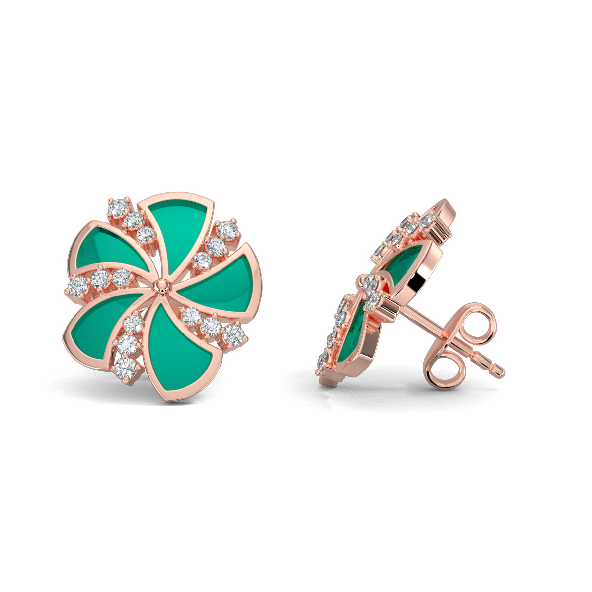 Rose Gold, Diamond Earrings, Natural diamond earrings, Lab-grown diamond earrings, verdant gleam earrings, fan-shaped studs, green enamel jewelry, nature-inspired earrings, luxury diamond studs